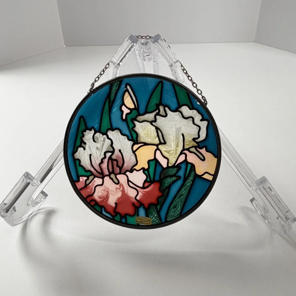 Joan Baker Designs Iris Floral Hand Painted Glass‎ Suncatcher Window Art